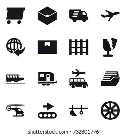 16 vector icon set : delivery, box, train, trailer, transfer, cruise ship, plow, wheel