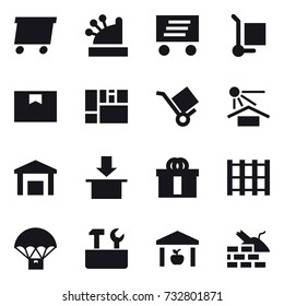 16 vector icon set : delivery, cashbox, cargo stoller, repair tools, warehouse, construct garbage