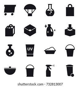 16 vector icon set : delivery, parachute, round flask, shopping bag, box, cleanser, uv cream, washing, bucket, cauldron, sprayer, trash bin