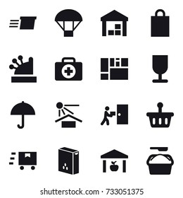 16 vector icon set : delivery, parachute, warehouse, shopping bag, cashbox, washing powder