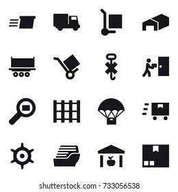 16 vector icon set : delivery, truck, cargo stoller, warehouse, handwheel, cruise ship, package