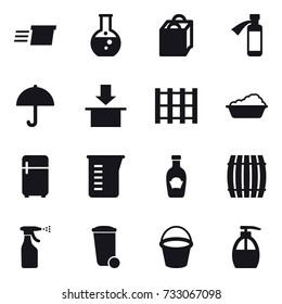16 vector icon set : delivery, round flask, shopping bag, washing, fridge, measuring cup, barrel, sprayer, trash bin, bucket, liquid soap