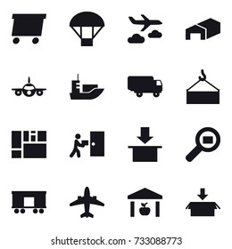 16 vector icon set : delivery, parachute, journey, warehouse, airplane, package