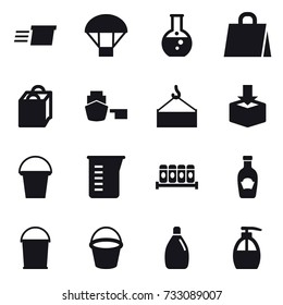 16 vector icon set : delivery, parachute, round flask, shopping bag, bucket, measuring cup, cleanser, liquid soap