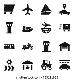 16 vector icon set : delivery, plane, boat, car pointer, airport tower, bus, motorcycle, garage, warehouse, tractor, car wash