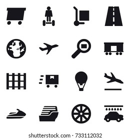 16 vector icon set : delivery, hoverboard, cargo stoller, air ballon, arrival, jet ski, cruise ship, wheel, car wash