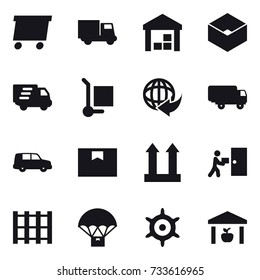 16 vector icon set : delivery, truck, warehouse, box, cargo stoller, handwheel