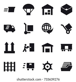 16 vector icon set : delivery, parachute, warehouse, box, cargo stoller, handwheel, cruise ship