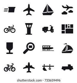 16 vector icon set : delivery, plane, boat, journey, bike, airport tower, train, sail boat, airplane, plow, pickup