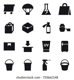 16 vector icon set : delivery, parachute, flask, shopping bag, box, uv cream, fridge, bucket, sprayer