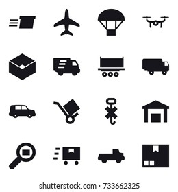 16 vector icon set : delivery, plane, parachute, drone, box, pickup, package
