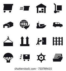 16 vector icon set : delivery, warehouse, cargo stoller, handwheel, cruise ship