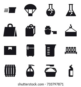 16 vector icon set : delivery, parachute, round flask, flask, shopping bag, fridge, measuring cup, barrel, liquid soap, washing powder, toilet cleanser