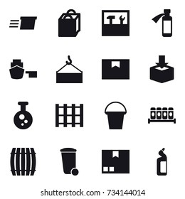16 vector icon set : delivery, shopping bag, tools, bucket, barrel, trash bin, package, toilet cleanser