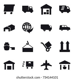 16 vector icon set : delivery, truck, warehouse, airplane