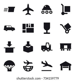 16 vector icon set : delivery, plane, lunar rover, cargo stoller, arrival, garage