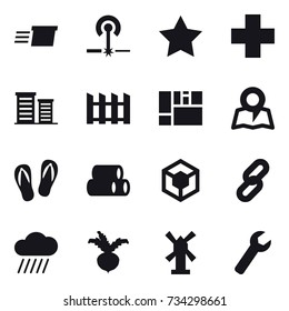 16 vector icon set : delivery, laser, star, district, fence, map, flip-flops, rain cloud, beet, windmill, wrench