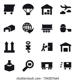16 vector icon set : delivery, parachute, warehouse, journey