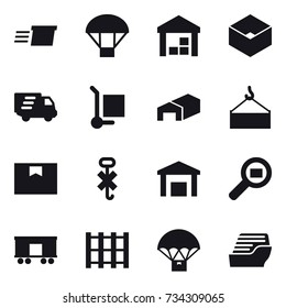 16 vector icon set : delivery, parachute, warehouse, box, cargo stoller, cruise ship