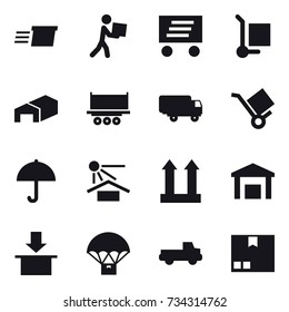 16 vector icon set : delivery, courier, cargo stoller, warehouse, pickup, package