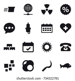 16 vector icon set : delivery, globe connect, nuclear, percent, ballon, spark plug, calendar, block wall, sun, phone, sickle, fish