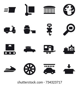 16 vector icon set : delivery, cargo stoller, airport building, car baggage, trailer, baggage checking, jet ski, wheel, car wash, package