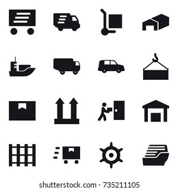 16 vector icon set : delivery, cargo stoller, warehouse, handwheel, cruise ship