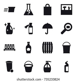 16 vector icon set : delivery, flask, shopping bag, tools, cleanser, barrel, bucket, trash bin, liquid soap, toilet cleanser