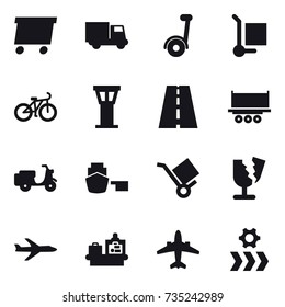 16 vector icon set : delivery, truck, segway, cargo stoller, bike, airport tower, plane, baggage checking, airplane