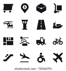 16 vector icon set : delivery, dollar pin, box, cargo stoller, airport tower, bike, escalator, arrival, invalid