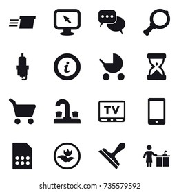 16 vector icon set : delivery, monitor arrow, discussion, magnifier, spark plug, info, baby stroller, cart, water tap, tv, ecology, scraper, kitchen cleaning