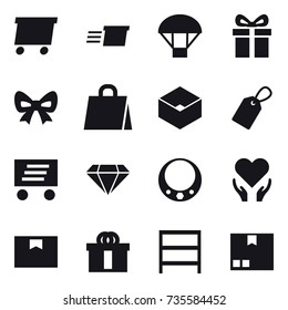 16 vector icon set : delivery, parachute, gift, bow, shopping bag, box, label, diamond, necklace, rack, package