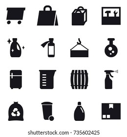 16 vector icon set : delivery, shopping bag, tools, cleanser, fridge, measuring cup, barrel, sprayer, garbage bag, trash bin, package