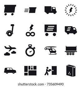 16 vector icon set : delivery, truck, lightning, segway, infinity power, journey, stopwatch