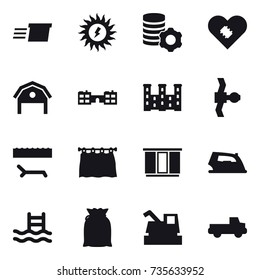 16 vector icon set : delivery, sun power, virtual mining, barn, school, palace, lounger, curtain, wardrobe, iron, pool, harvester, pickup