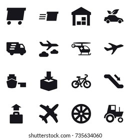 16 vector icon set : delivery, warehouse, eco car, journey, bike, escalator, baggage, wheel, tractor