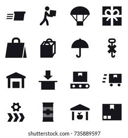 16 vector icon set : delivery, courier, parachute, gift, shopping bag, warehouse, package