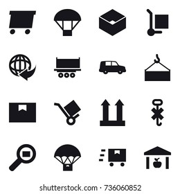 16 vector icon set : delivery, parachute, box, cargo stoller, warehouse