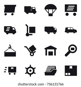 16 vector icon set : delivery, truck, parachute, cargo stoller, handwheel, cruise ship, package