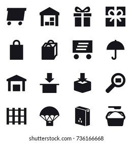 16 vector icon set : delivery, warehouse, gift, shopping bag, washing powder