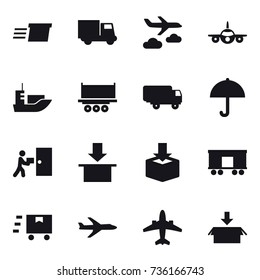 16 vector icon set : delivery, truck, journey, plane, airplane, package