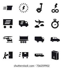 16 vector icon set : delivery, lightning, segway, infinity power, journey, stopwatch