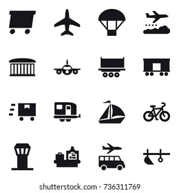 16 vector icon set : delivery, plane, parachute, weather management, airport building, trailer, sail boat, bike, airport tower, baggage checking, transfer, plow