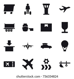 16 vector icon set : delivery, hoverboard, airport tower, plane, car baggage, air ballon, ticket, plow