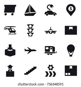 16 vector icon set : delivery, boat, electric car, dollar pin, plane, trailer, air ballon, baggage, stairs, package