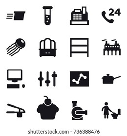 16 vector icon set : delivery, vial, cashbox, jellyfish, dresser, rack, saute pan, garlic clasp, water pump, toilet cleaning