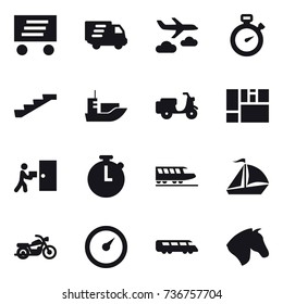 16 vector icon set : delivery, journey, stopwatch, stairs, train, sail boat, motorcycle, barometer, horse