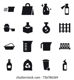 16 vector icon set : delivery, shopping bag, cleanser, washing, measuring cup, garbage bag, trash bin, toilet cleanser