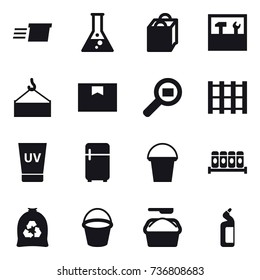 16 vector icon set : delivery, flask, shopping bag, tools, uv cream, fridge, bucket, garbage bag, washing powder, toilet cleanser