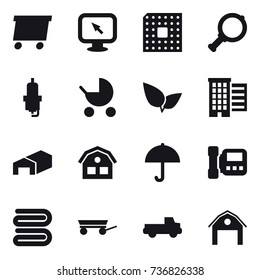 16 vector icon set : delivery, monitor arrow, cpu, magnifier, spark plug, baby stroller, houses, warehouse, house, intercome, towel, trailer, pickup, barn